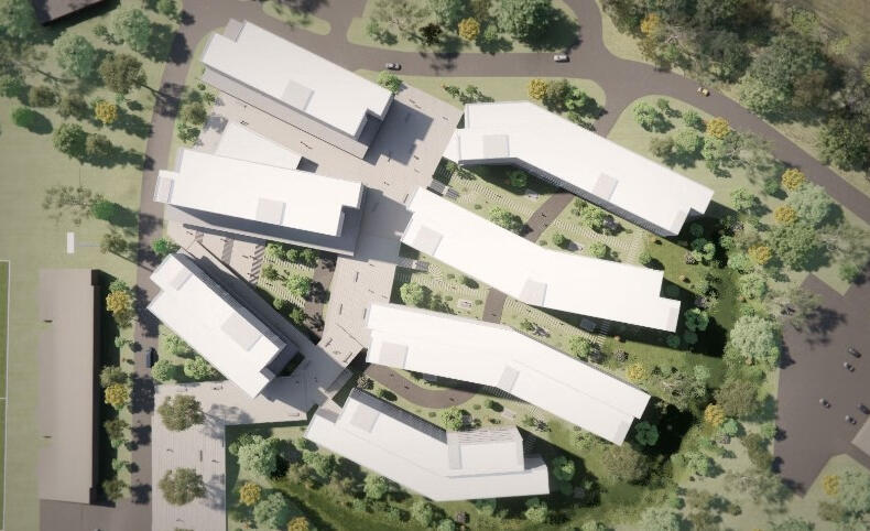 A high-resolution rendered site plan for the San Benito student residential community (© SOM | Mithun)